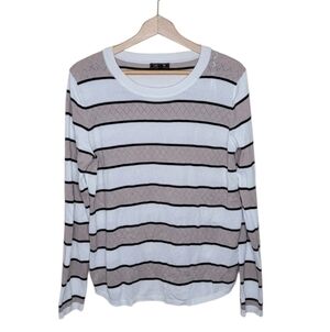Stitch Fix Lety & Me White Tan Black Giada Pointelle Detail Striped Sweater Prep